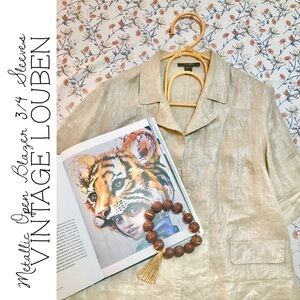 Vintage Metallic Louben 100% Linen Open 3/4 Sleeve Blazer